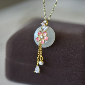 An Exquisite Sterling Silver-Gold Plated Inlaid White Jade Enamel Pendant