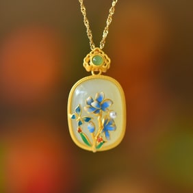 An Exquisite Sterling Silver-Gold Plated Inlaid White Jade Pendant