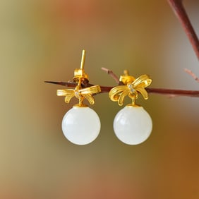 A Pair of Exquisite Sterling Silver-Gold Plated Inlaid White Jade Earrings