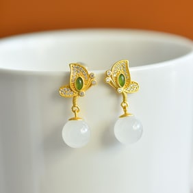 A Pair of Exquisite Sterling Silver-Gold Plated Inlaid White Jade Earrings