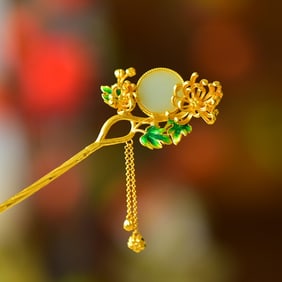 An Exquisite Sterling Silver-Gold Plated Inlaid White Jade Enamel Hairpin
