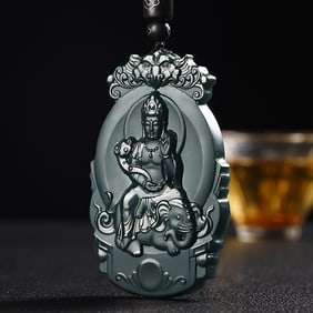 An Exquisite Cyan jade Statue of Samantabhadra Pendant