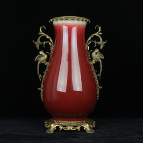 A Huge Red Glazed Inlaid Bronze Bird-Ears Vase