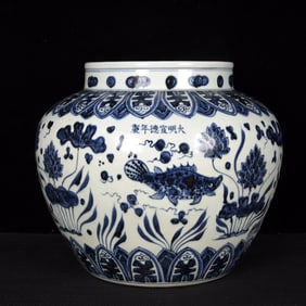 A Rare Blue and White Fish and Algae Pattern Jar