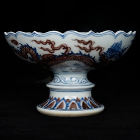 An Exquisite Blue and White Underglaze-Red Auspicious Cloud and Dragon Pattern Candlestick