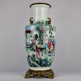 A Huge Famille-Rose Inlaid Bronze Character and Story Pattern Pomegranate-Ears Vase,With Poem