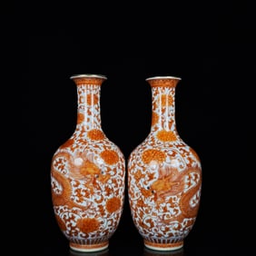 A Pair of Exquisite Iron-Red Glazed Painted Gold Lotus and Dragon Pattern Vases