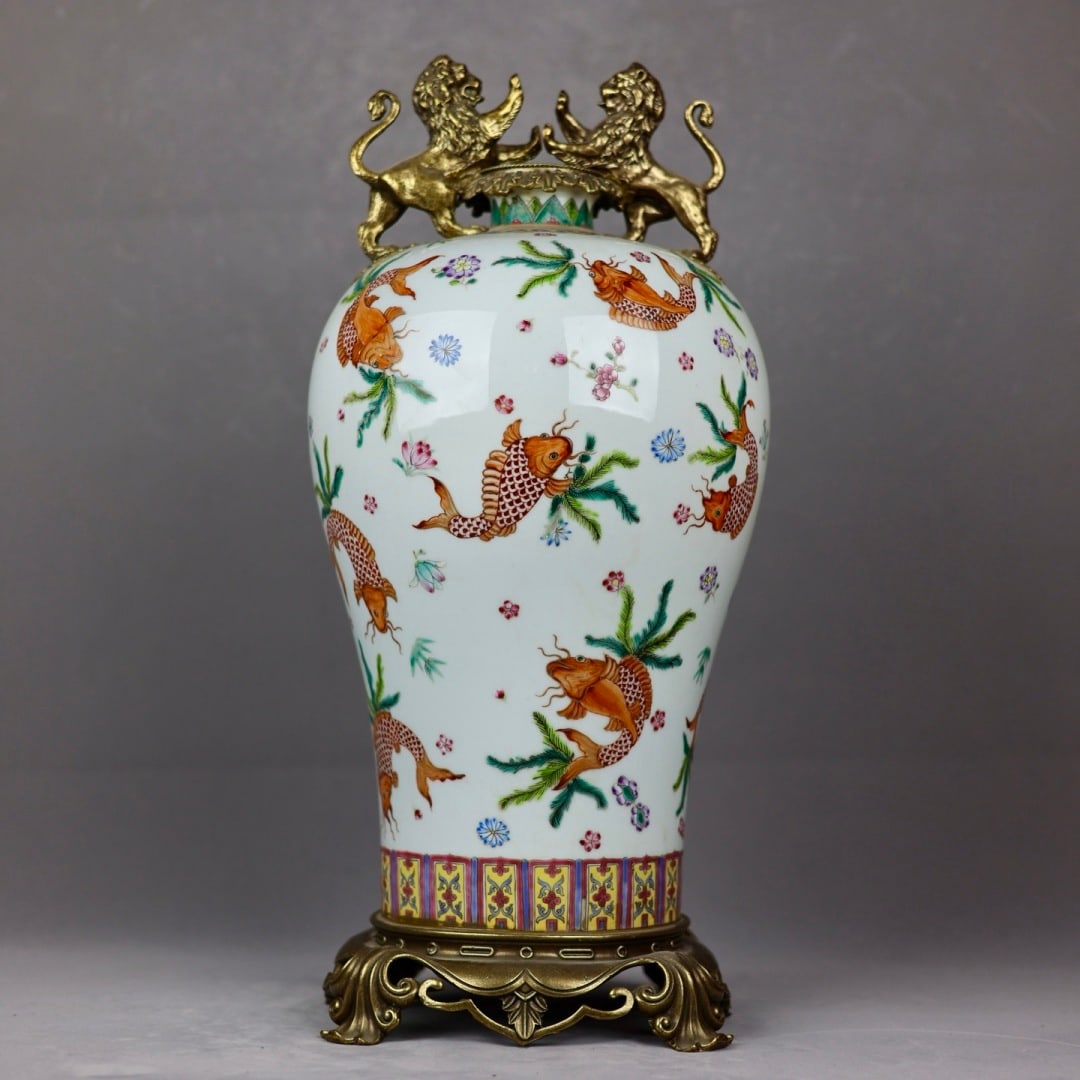 A Huge Famille-Rose Inlaid Bronze Fish and Algae Pattern Lion-Ears Vase: A Huge Famille-Rose Inlaid Bronze Fish and Algae Pattern Lion-Ears Vase,Qing Dynasty, China,Yongzheng Six-character Mark,Size:19.3inx3.5inx8.7inx8.3in 粉彩镶铜鱼藻&