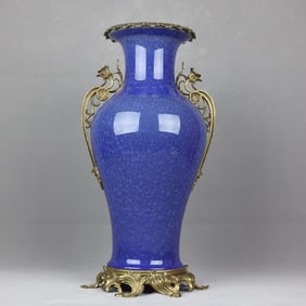 A Huge Blue Glazed Inlaid Bronze Double-Ears Vase