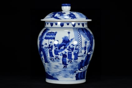 A Rare Blue and White Character and Story Pattern Cover Jar