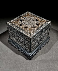 An Exquisite Hollow Auspicious Cloud and Bats Pattern Inkstone,With Poem,With Cover,With Base