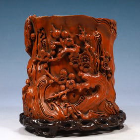 An Exquisite Boxwood Flower Pattern Brush Pot,With Base