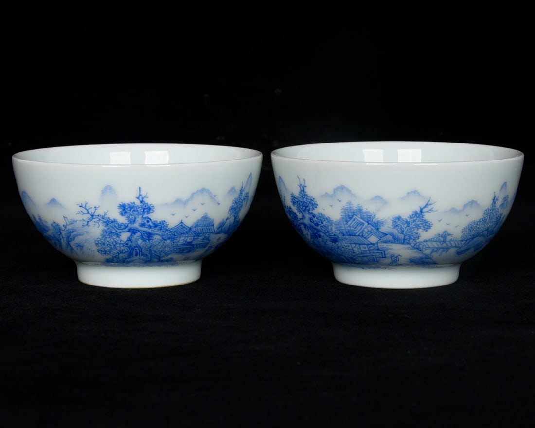 A Pair of Exquisite Blue Color Landscape and Figure Pattern Bowls,With Poem: A Pair of Exquisite Blue Color Landscape and Figure Pattern Bowls,With Poem,Qing Dynasty, China,Yongzheng Four-character Mark,Size:1.8inx3.5in 