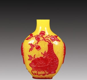 A Fantastic Red Overlay Yellow Glass 'Fruit& Flower' Snuff Bottle