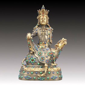 A Rare Gilt Silver Statue of Avalokitesvara,Inlaid Turquoise