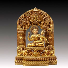 A Solemn Gilt Bronze Statue of Bodhisattva,Inlaid Gems,With Inscription