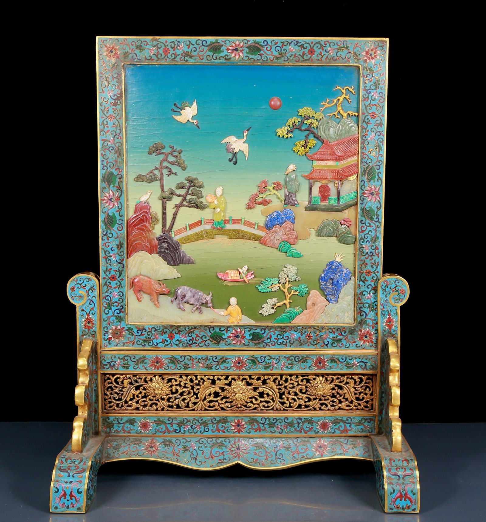 A Huge Cloisonne Inlaid Gems Landscape and Figure Pattern Table Screen (1 of 12)