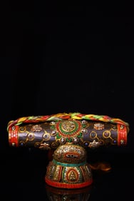A Rare Meteorite Inlaid Dzi Bead and Gems Ornament,With Base