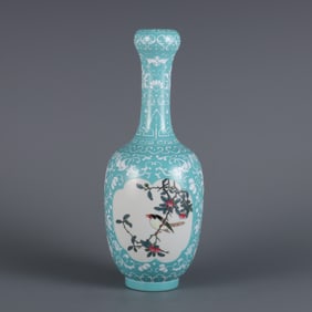 An Exquisite Turquoise Ground Famille-Rose Flower and Bird Pattern Vase