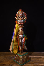 A Rare Bronze Inlaid Gems and Dzi Bead Beast-Face Pattern Vajry Pestle,With Base