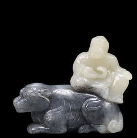 An Exquisite Greenish Jade Character and Auspicious Beast Pattern Ornament