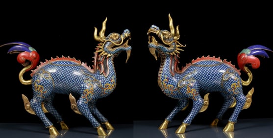 A Pair of Huge Cloisonne Unicorn Censers