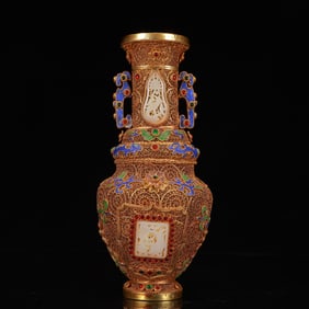 An Exquisite Filigree and Gilding Inlaid White Jade Flower Pattern Dragon-Ears Censer,Inlaid Gems
