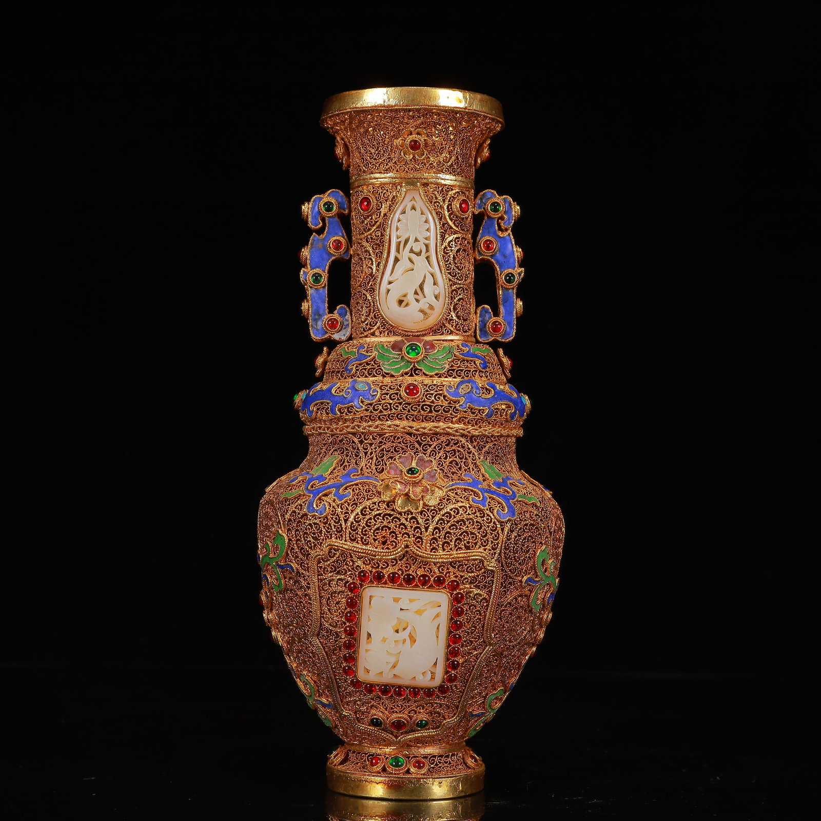 An Exquisite Filigree and Gilding Inlaid White Jade Flower Pattern Dragon-Ears Censer,Inlaid Gems (1 of 16)