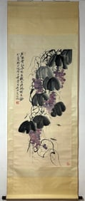 A Chinese Vertical Scroll Ink Painting of Grapes on Paper,Qi Baishi