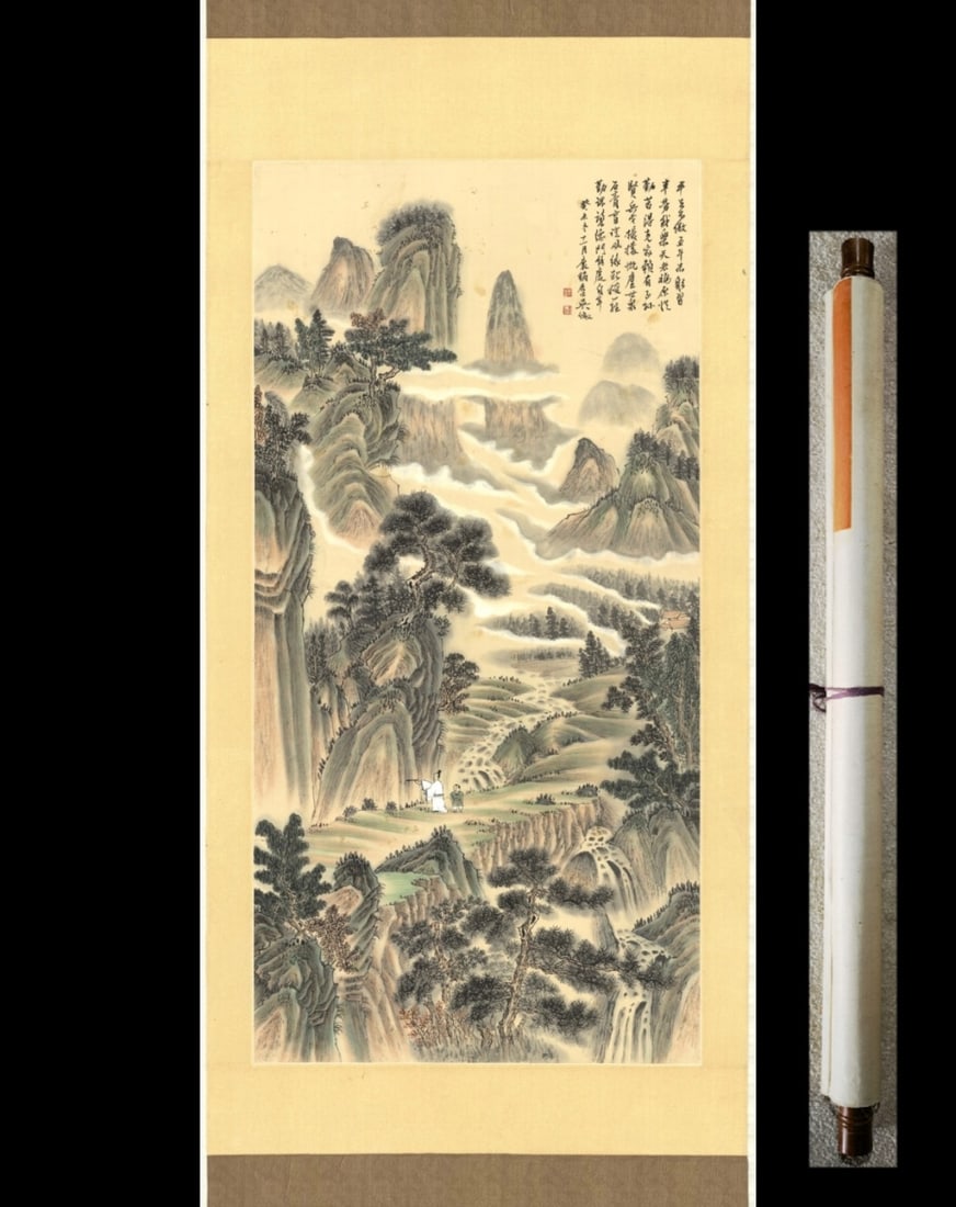 A Chinese Vertical Scroll Ink Painting of Landscape and Figure on Paper,Wu Zheng (1 of 9)