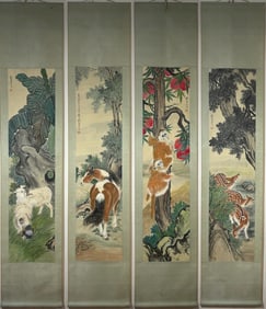 A Set of Chinese Vertical Scroll Ink Painting of Animal on Paper,Liu Kuiling