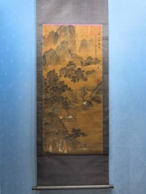 A Chinese Vertical Scroll Ink Painting of Landscape and Figure on Silk,Wang Xizhi
