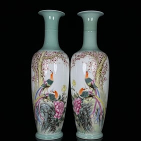 A Pair of Rare Famille-Rose Flower and Bird Pattern Vases,With Poem