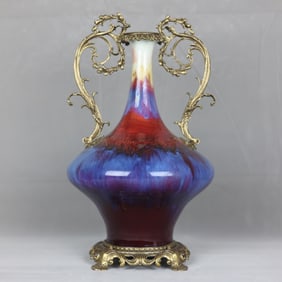 A Huge Flambe Glazed Inlaid Bronze Double-Ears Vase
