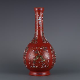 A Rare Red Glazed Famille-Rose Lotus and Eight Treasures Pattern Vase