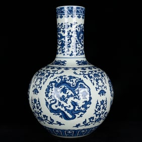 A Huge Blue and White Lotus and Dragon Pattern Vase