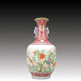 A Rare Enamel Flower and Bird Pattern Double-Ears Vase