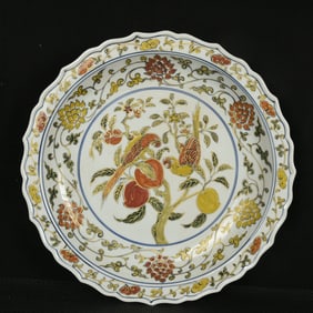 A Huge Wucai Painted Gold Lotus,Bird and Fruit Pattern Plate