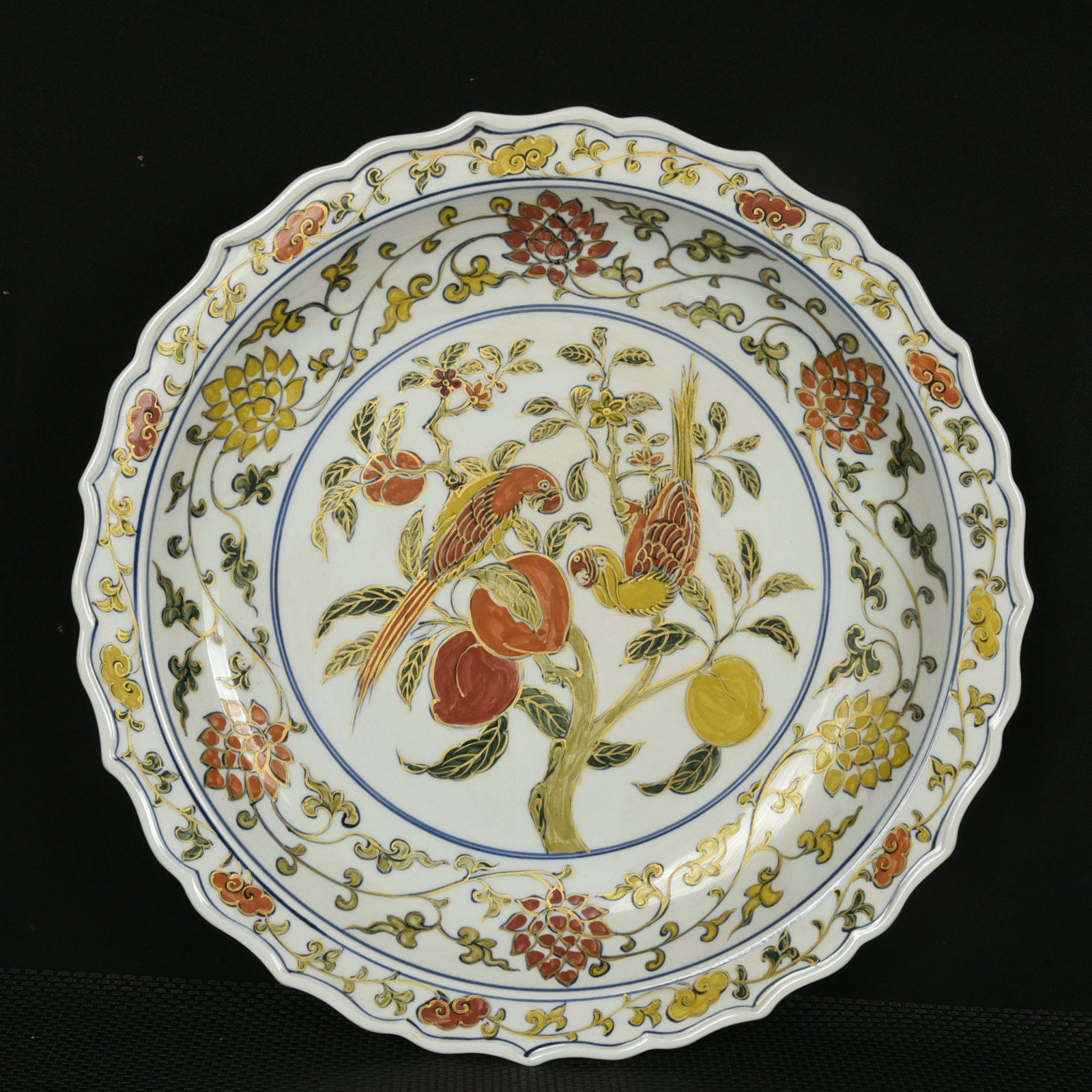 A Huge Wucai Painted Gold Lotus,Bird and Fruit Pattern Plate (1 of 9)