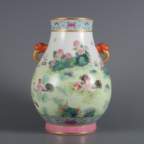 An Exquisite Famille-Rose Painted Gold Flower and Rooster Pattern Beast-Ears Vase