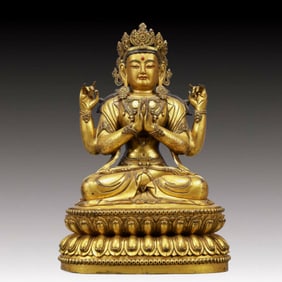 A Solemn Gilt Bronze Four-arms Statue of Avalokitesvara