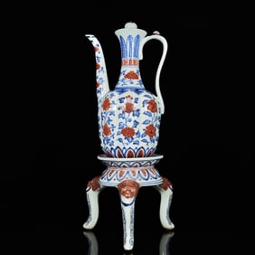 A Rare Blue and White Underglaze-Red Flower and Phoenix Pattern Ewer,With Tripod Base