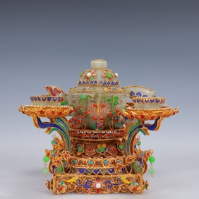 A Set of Fine Filigree and Gilding Inlaid White Jade Teapots,Inlaid Gems