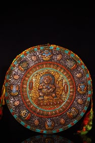 A Rare Bronze Inlaid Dzi Bead and Gems Mammon Pattern Tangka