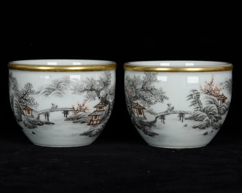 A Pair of Exquisite Ink Color Painted Gold Landscape and Figure Pattern Cups