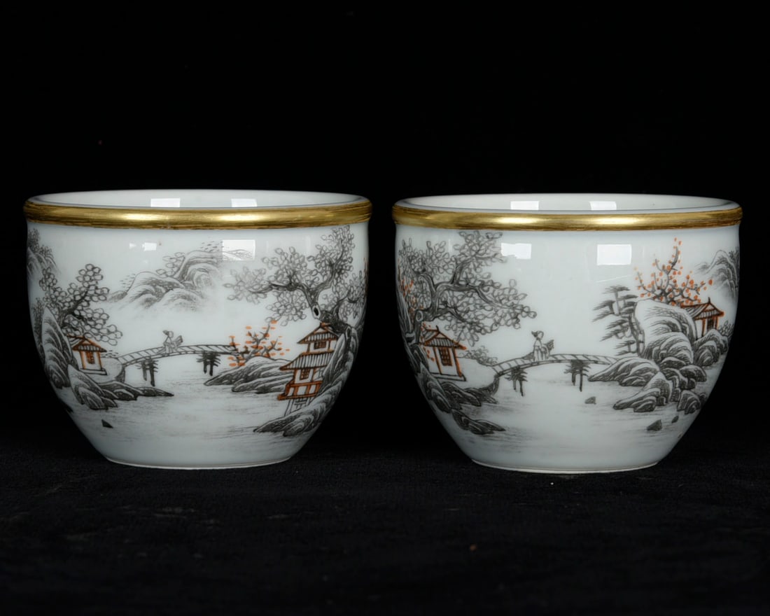 A Pair of Exquisite Ink Color Painted Gold Landscape and Figure Pattern Cups: A Pair of Exquisite Ink Color Painted Gold Landscape and Figure Pattern Cups,Qing Dynasty, China,Qianlong Four-character Mark,Size:2.4inx3.3in 