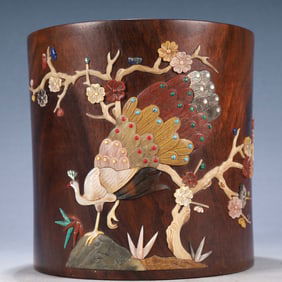 An Exquisite Zitanwood Flower and Bird Pattern Brush Pot,Inlaid Gems,With Poem