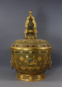 A Huge Gilt Bronze Eight Treasures,Flower and Bird Pattern Double-Ears Cover Jar,Inlaid Gems