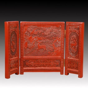 A Huge Carved Red Lacquer Deer and Crane Pattern Screen Ornament