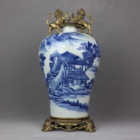 A Huge Blue and White Inlaid Bronze Landscape and Figure Pattern Lion-Ears Vase